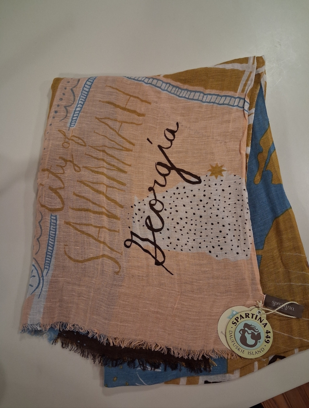 Spartina 459 Savannah River Map Print Scarf Linen Blend NWT